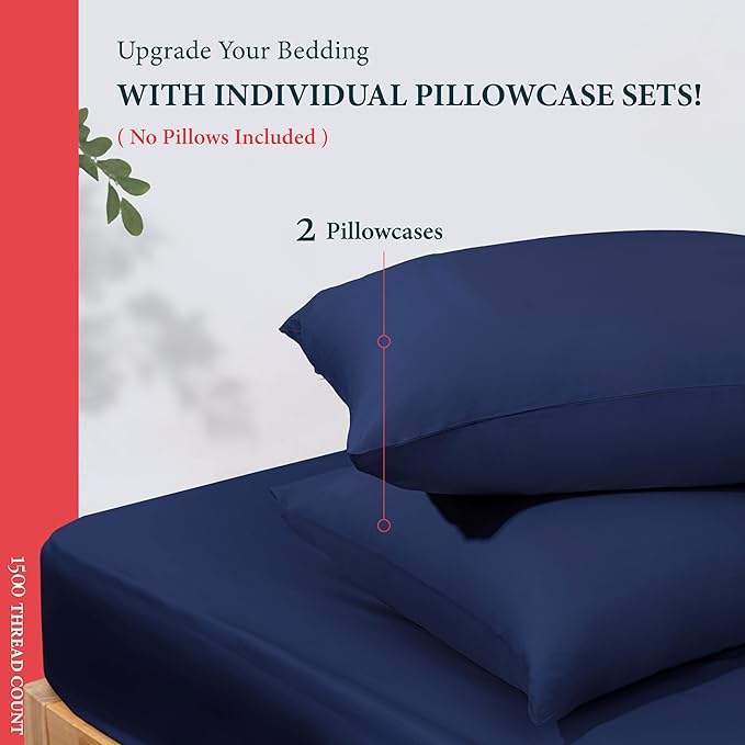 Ashton Sheets 100% Egyptian Cotton Pillow Cases King Size Set of 2 - Luxury 1500 Thread Count Sateen Weave Navy Blue Pillow Covers, Silky Soft, Breathable & Cooling Pillowcases, Fits King Size Pillows