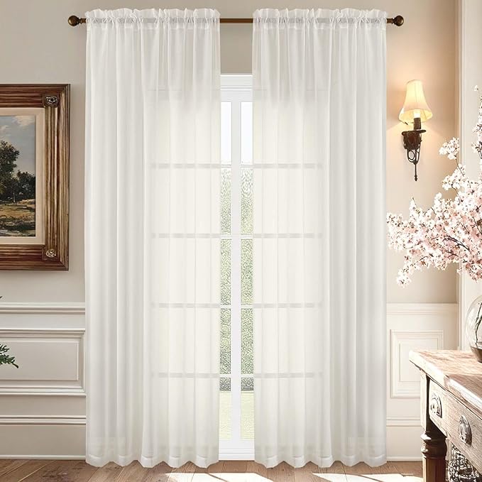 Aiyufeng Ivory Sheer Curtains 90 Inches Long, Light Filtering Rod Pocket Solid Color Window Sheer Curtain Panels, Elegant Curtains & Drapes for Living Room, Bedroom 2 Panels (Ivory, 59" W x 90" L)