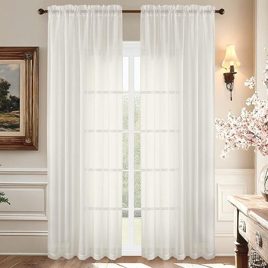 Aiyufeng Ivory Sheer Curtains 90 Inches Long, Light Filtering Rod Pocket Solid Color Window Sheer Curtain Panels, Elegant Curtains & Drapes for Living Room, Bedroom 2 Panels (Ivory, 59" W x 90" L)