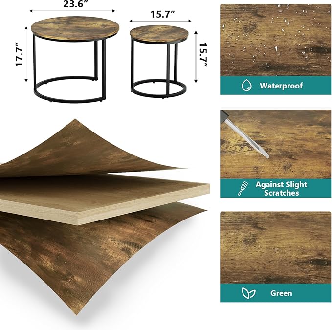 Smuxee Nesting Coffee Table Set of 2, 23.6" Round Coffee Table Rustic Wood Top with Adjustable Non-Slip Feet, Industrial End Table Side Tables for Living Room Bedroom Balcony Yard