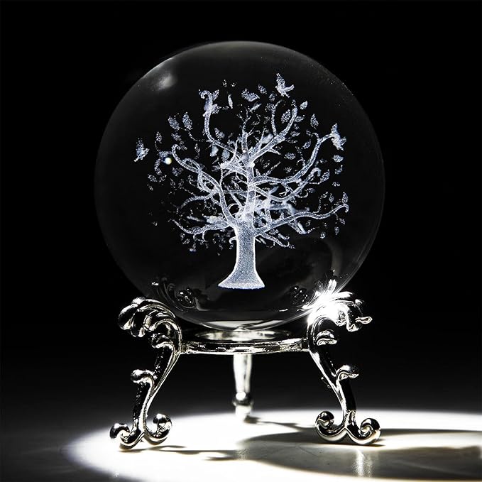 60mm Tree of Life Crystal Ball with Stand 3D Laser Engraved Life Tree Figurine Crystal Paperweight Decoraive Quartz Glass Ball Sphere Home Decor Table Craft