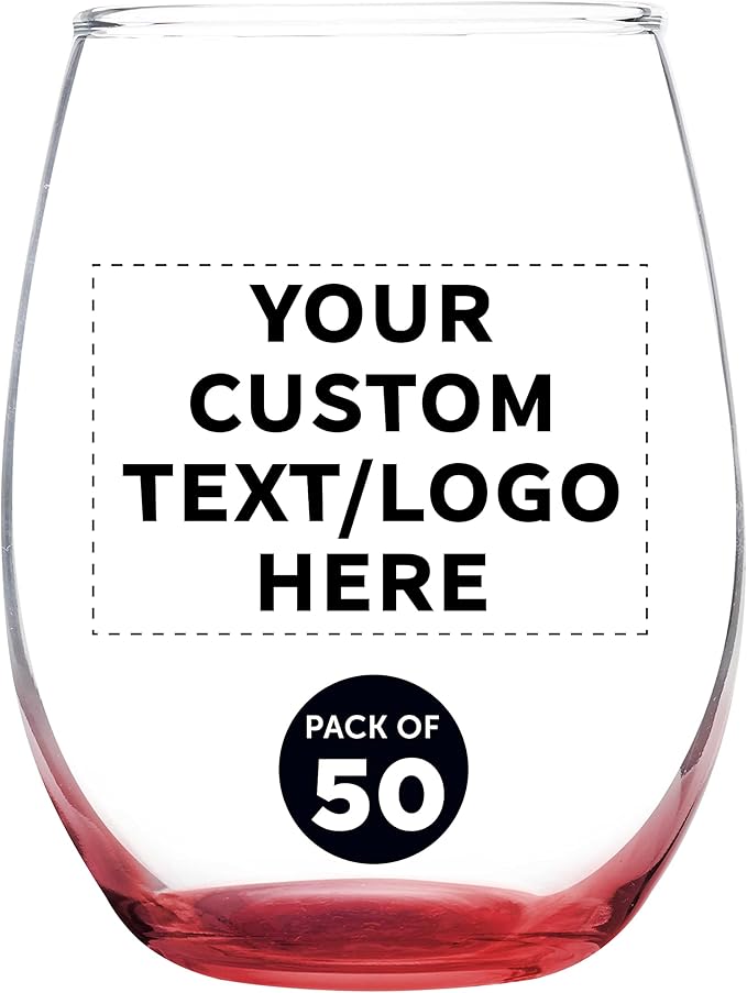 Custom Stemless Wine Glass 9 oz. Set of 50, Personalized Bulk Pack - Great for Wedding Favors, Bachelorette Party Decorations, Party Favors, Color Bottom - Red
