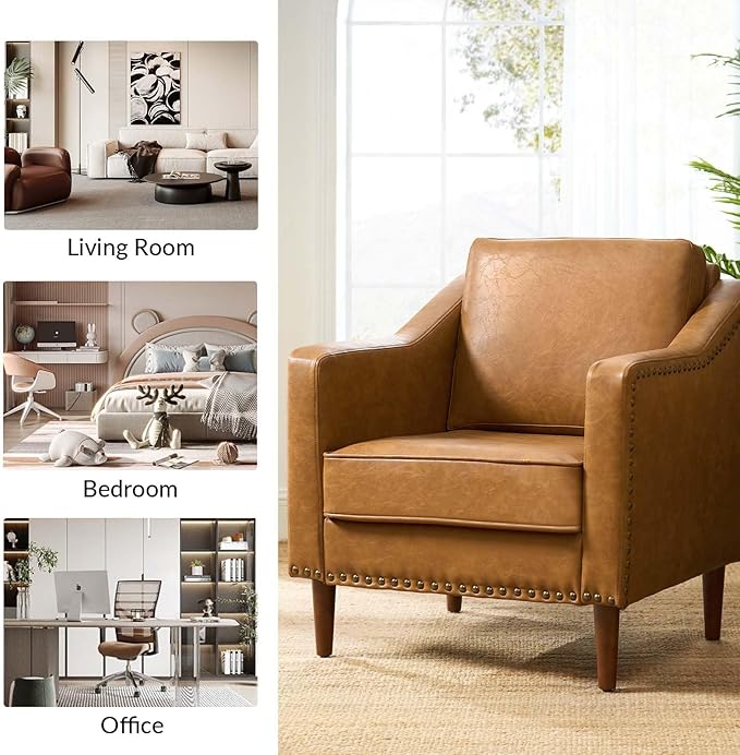 HULALA HOME Faux Leather Accent Armchair with Back & Seat Cushions, Traditional Club Chair with Nailhead Trim, Comfy Upholstered Sofa Chair for Bedroom Living Room, Camel