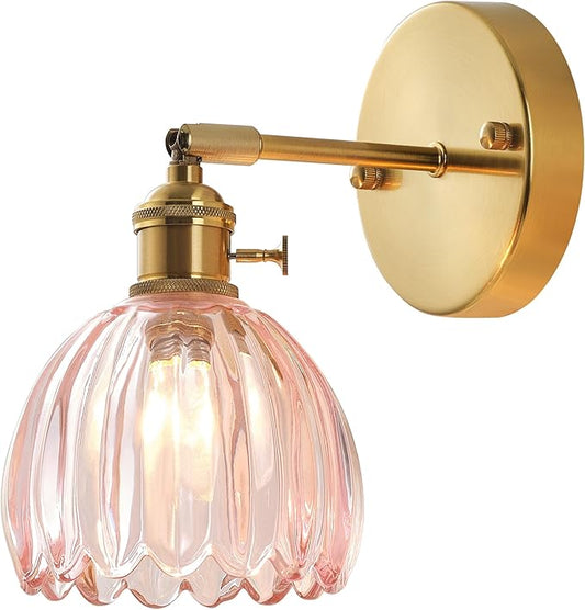 Plug in and Hardwired Wall Sconces, Luxury Vintage Tulip Crystal Glass Shade Wall Light with Switch for Bedside Bedroom Living Room (Tulip-Pink, 1)