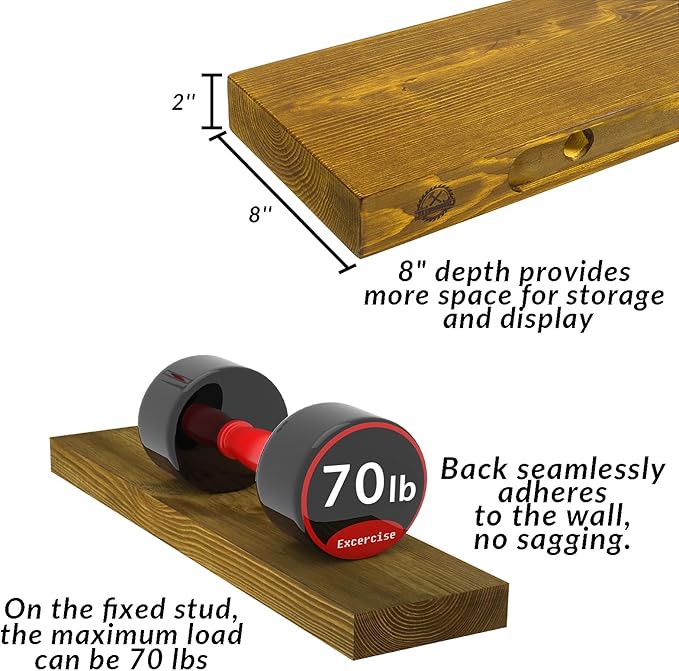 Rustic Floating Shelves 48 inch Long 8 inch deep Set of 2, Solid Wood Wall Shelves for Bedroom Living Room Kitchen,Book Shelf for Wall, Wall Mounted Shelves with Hidden Bracket- Gold Oak