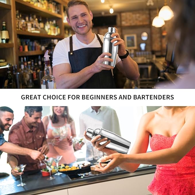 24oz Cocktail Shaker Bar Set, Martini Shaker with Built-in Strainer, Measuring Jigger, Mixing Spoon, Professional Stainless Steel Large Bartender Drink Shaker Margarita Alcohol Mixer-Silver