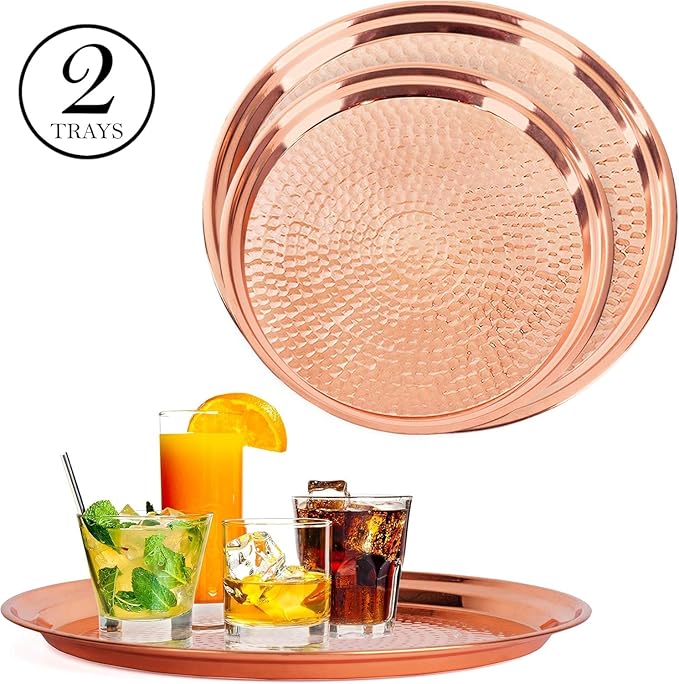 2-Pack Copper Tray - Large 15" Round, Medium 13" Round - Rose Gold Decorative Serving Tray