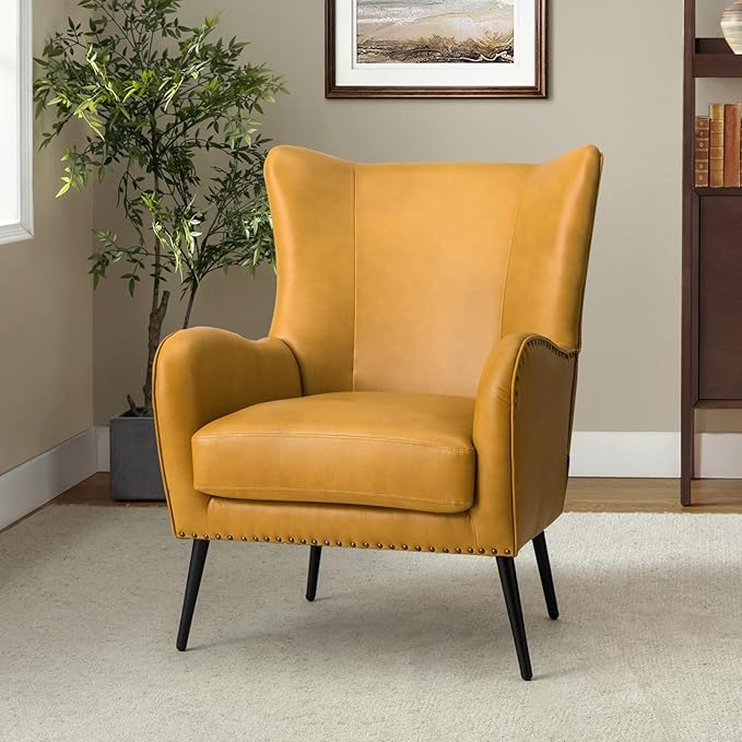 HULALA Home Faux Leather Accent Chair w/Removable Cushion, Comfy Upholstered Armchair with Black Metal Legs & Nailhead Trim Wingback Vanity Chair Desk Chair for Reading Living Room Bedroom, Yellow