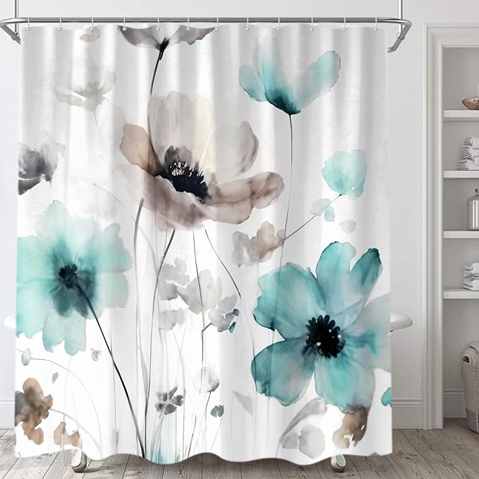 Boho Floral Shower Curtain, Cream Tan Beige Teal Grey White Flower Farmhouse Fabric Shower Curtains Set for Bathroom Decorative with Hooks 60 X 72 inch Spring Bath Decor