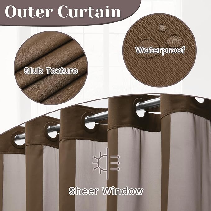 No Hook Slub Textured Shower Curtain with Snap in Liner - Chocolate Fabric Outer Curtain & Waterproof Inner Liner, Hotel Style with See Through Top Window, 71x74 in