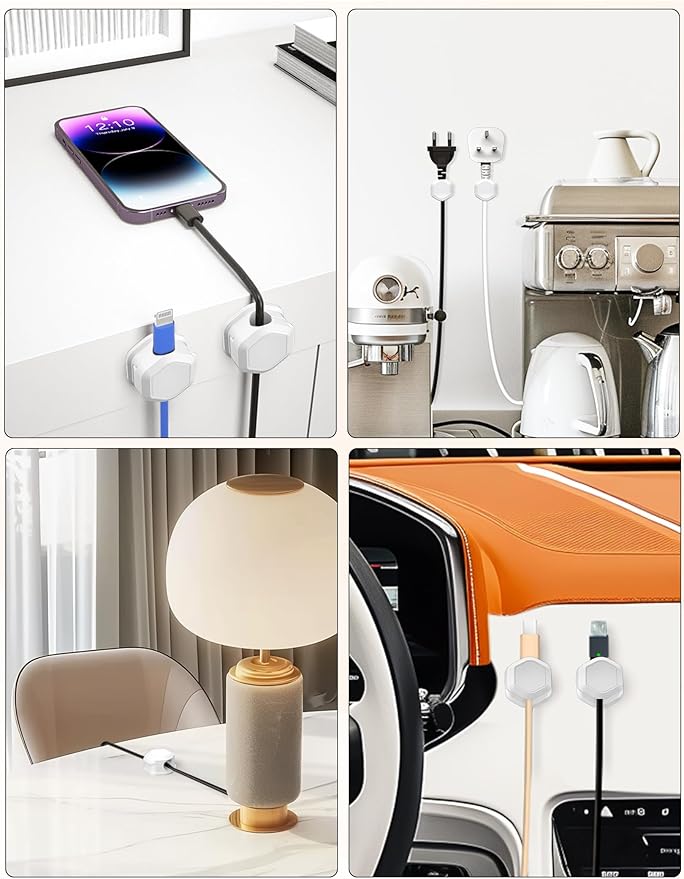 8 Pack Cord Holder - Magnetic Cable Clips - Cord Holder for Nightstand - Cord Organizer for Desk, Magnetic Cord Organizer, for Desk, Nightstand, Phone Charger, Computer, Home, Office, Car (White)