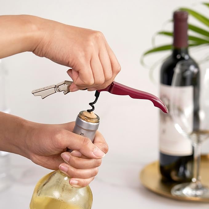 True Truetap Double Hinged Waiter's Corkscrew Wine Opener, Stainless Steel Wine Bottle Opener with Built In Foil Cutter, Home Bar Tools, Bar Cart Accessories, Wedding Gifts, Set of 1, Burgundy