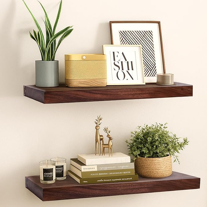 Solid Walnut Floating Shelves for Wall, 16"*6.7"*1.6"Real Thick Wood Mounted Wall Display Shelf with Joinery for Home Decor, Bathroom,Kitchen Set of 1（Natural Walnut Brown）
