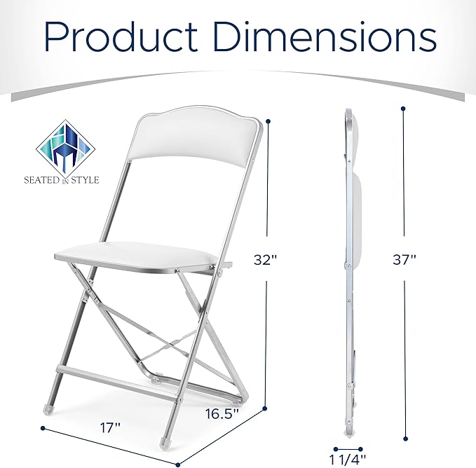 Folding Chairs with Padded Seats 4 Pack - Foldable Chair with Heavy-Duty Steel Frame, Elegant Party Bridge Chairs, Metal Folding Chair for Outside, Home, Office, Indoor Outdoor Events - Silver/ White