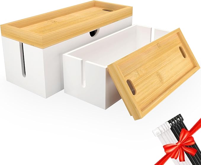 Bamboo Cable Management Box, Large Cord Organizer Box Cable Box to Hide Wires & Power Strips for Desktop Storage Cord Holder for Office Home,No Assembley Required