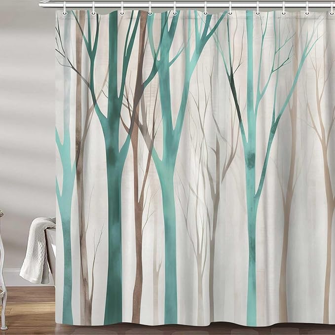 MERCHR Brown Teal Tree Fabric Shower Curtain, Art Style Abstract Birch Forest Rustic Wood Polyester Fabric Waterproof Bath Curtain, Farmhouse Bathroom Shower Curtains with Hooks 72X84 Inch