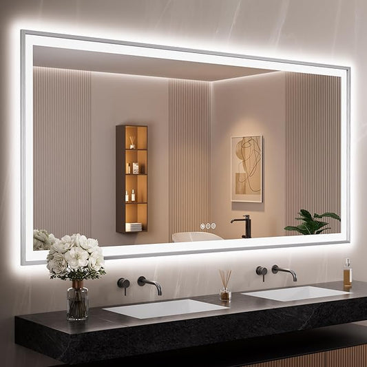 72x36 Silver LED Bathroom Mirror, Rectangle Brushed Nickel Lighted Mirror for Wall, Stepless Dimmable Led Vanity Mirror with Front-lit and Backlit, Tempered Glass, Anti-Fog, Memory