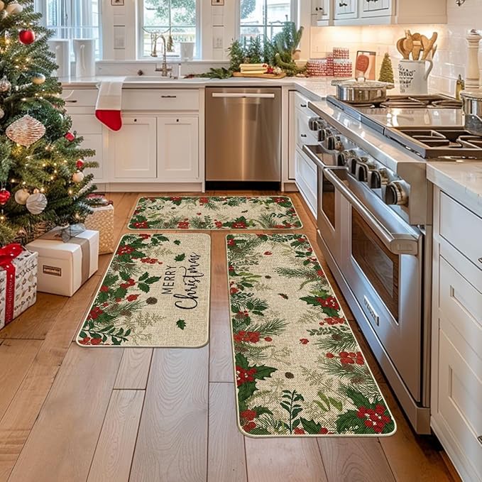 Artoid Mode Leaves Holly Merry Christmas Kitchen Mats Set of 2, Winter Home Decor Low-Profile Kitchen Rugs for Floor - 17"x29"+17"x36"+17"x47"