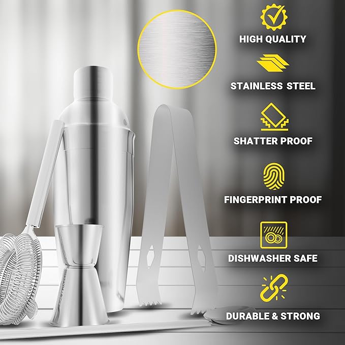 Bartender Kit – 5-Piece Stainless Steel Cocktail Shaker Set for Home & Bar – Drink Mixing Set with Accessories