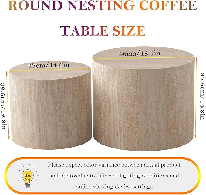 Stylish Nesting Coffee Table Set of 2, Elegant Chic Round Wooden Center Table - Smooth Finish & Easy to Clean, No Assemble Needed (E)