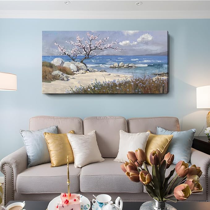 amatop Large Coastal Wall Art Prints– Blue Ocean Beach Abstract Landscape Canvas Picture Pink Floral Tree Cherry Blossom Nature Decorative Artwork for Living Room Bedroom Office Home Decor 48x24 In