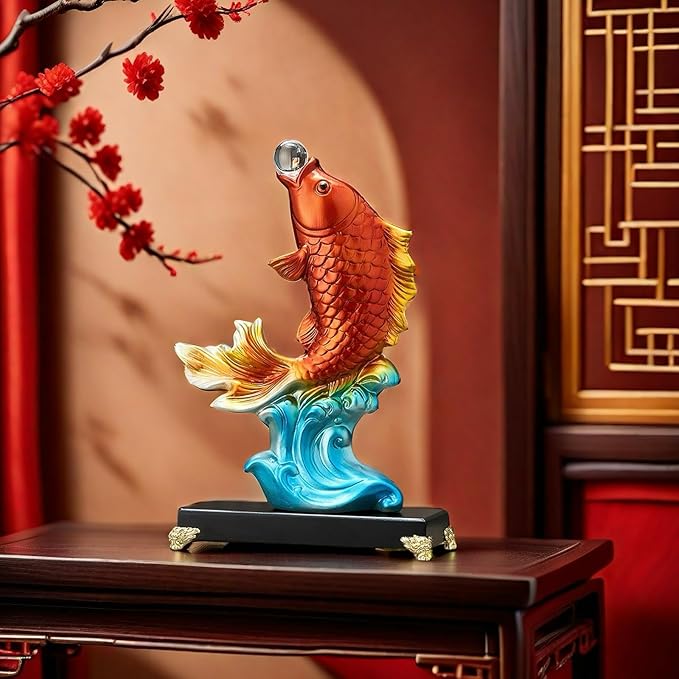 FUNSXBUG 13.3 Inch Large Chinese Feng Shui Fish Statue Sculpture Collectible Figurine Feng Shui Decor Home Office Decoration Tabletop Decor Ornaments Good Lucky Gifts (Red)