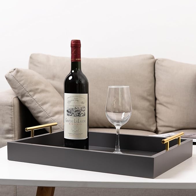 Decorative Coffee Table Ottoman Trays Modern Wood Elegant 16"x12" Rectangle Glossy Shagreen Serving Trays with Gold Metal Handles -Drinks, Liquor Serving Platter for All Occasion's (Grey)