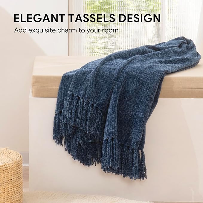 RECYCO Throw Blanket Soft Cozy Chenille Throw Blanket with Fringe Tassel for Couch Sofa Chair Bed Living Room Gift (Blue, 50'' x 60'')