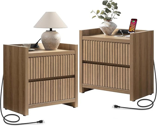 SICOTAS Fluted Night Stand Set 2 - Nightstands with Charger Station, Large Modern Bedside Table End Table with 2 Drawers, 25" Wide Farmhouse Nightstand for Bedroom (Caramel Oak, 2 Pieces)
