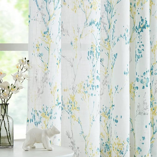Tree Semi Sheer Curtains for Living Room Bedroom Teal Yellow and Grey Branch on White Window Curtains 63 inch Long Watercolor Print Curtain Panels Grommet Top 2pcs
