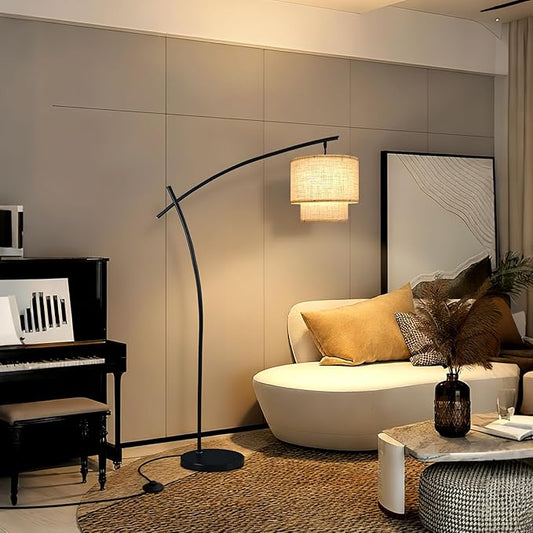 Lightdot Arc Floor Lamp for Living Room, Modern Standing Tall Lamps with Double Linen Lampshade, Tall Hanging Pole Lamp with Stable Metal Base & Foot Switch for Bedroom Home Office-Black