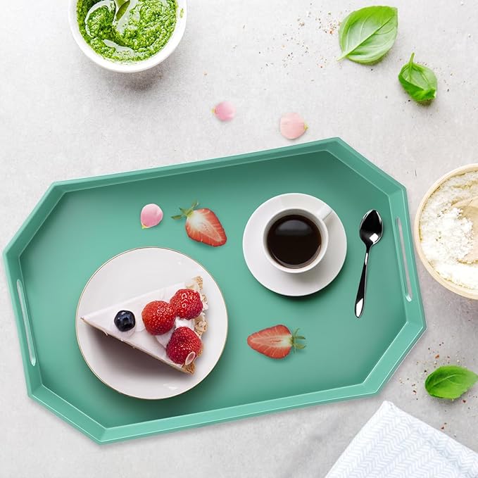 Green Octagonal Serving Tray with Handles for Coffee Table, Plastic Decorative Tray for Ottoman, Kitchen Counter, Living Room, Outdoor Lacquer Tray for Entertaining