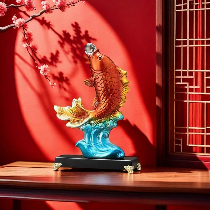 FUNSXBUG 13.3 Inch Large Chinese Feng Shui Fish Statue Sculpture Collectible Figurine Feng Shui Decor Home Office Decoration Tabletop Decor Ornaments Good Lucky Gifts (Red)