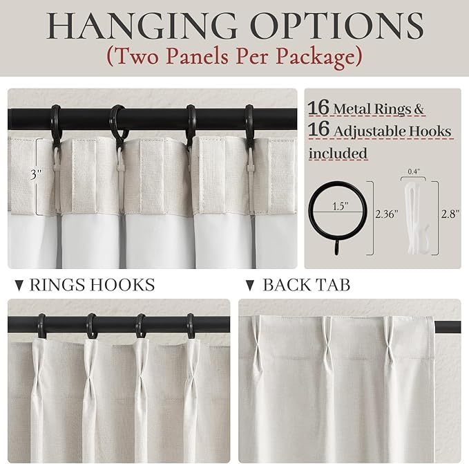94 Inch Pinch Pleat Living Room Thermal Curtains for Winter, Blackout Thick Linen Boho Curtain for Sliding Glass Doors 2 Panels Set with Hooks Rings Ceiling Track Window Drapes W40"xL94"x2,Birch