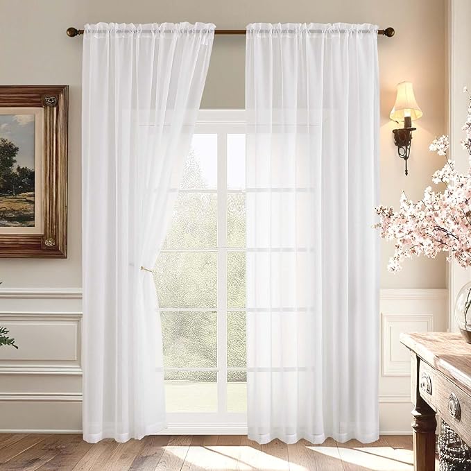 Aiyufeng 2 Pack: Basic White Sheer Curtain Drapes for Living Room 84 Inch Length 2 Panels, Light Filtering Voile Drapes for Bedroom, Patio, Sliding Door, Each 59" W x 84" L, White