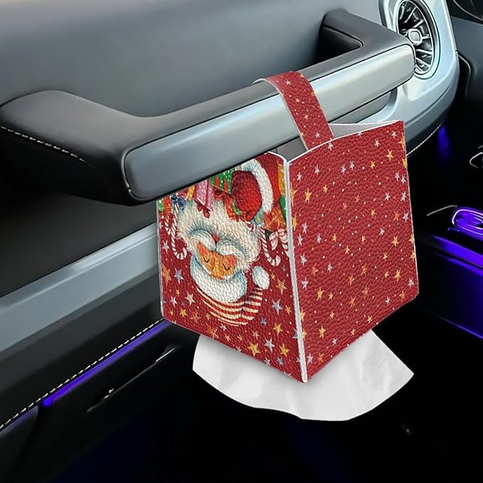 Santa Claus Tissue Box Cover 5.1x5.1x5.1'' Tissue Holder Napkin Dispenser for Home Office Car, Christmas PU Leather Square Napkin Facial Paper Holder Organizer