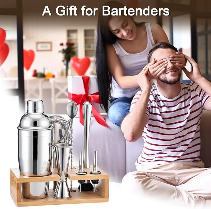 BRIOUT Cocktail Shaker Set, 8-Piece Bartender Kit Include Stand Martini Shaker Jigger Strainer Muddler Mixer Spoon Pour, Home Bar Accessories Tools for Drinks Mixing, Stainless Steel Silver