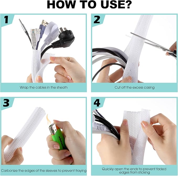 AGPTEK White Cable Sleeve Cover, 2 Pack 5ft - 1.2 inch Desk Cord Organizer Cable Hider, Home Office Wire Management Computer TV Wire Loom Tubing, Pet Proof Cord Protector, from Cat Dog Chewing, White