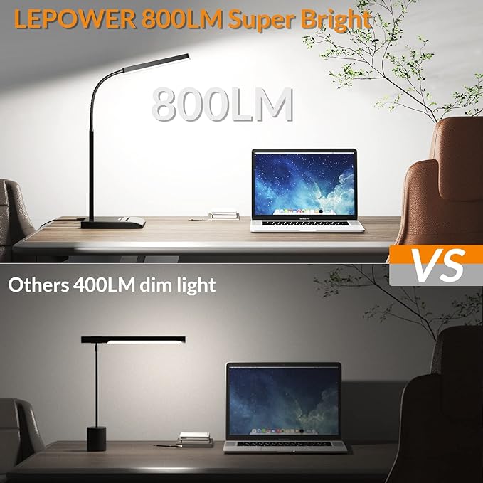 LEPOWER Desk Lamp, 800LM LED for Home Office, 12W Reading for Desk, Eye-Caring Light, Touch Table Gooseneck Lamp, 50 Lighting Modes, Bright for Bedroom, Study (Black)