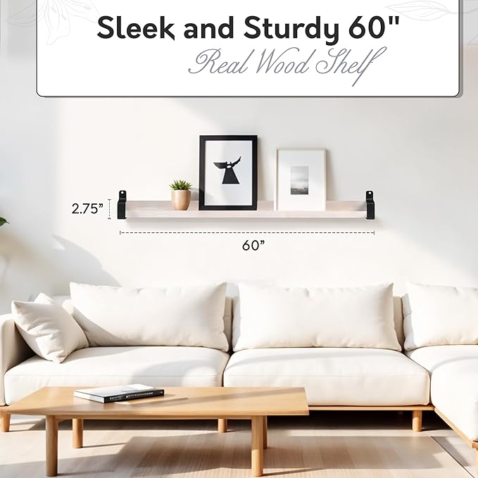 InPlace Shelving, Wall Mounted Real Solid Wood Industrial Bracket Ledge, 5" D x 60" W x 2.75" H, Distressed White, 9602119E