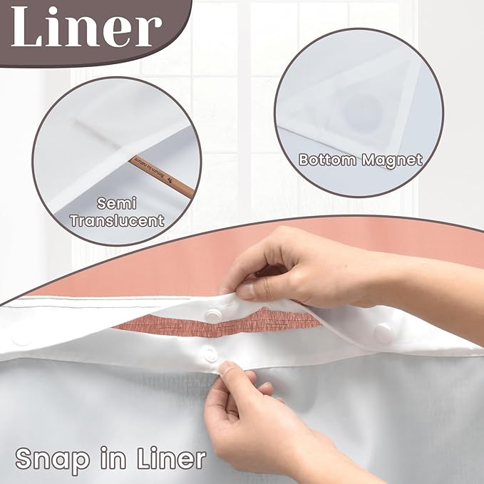 No Hook Slub Textured Shower Curtain with Snap in Liner - Coral Fabric Outer Curtain & Waterproof Inner Liner, Hotel Style with See Through Top Window, 71x74 in