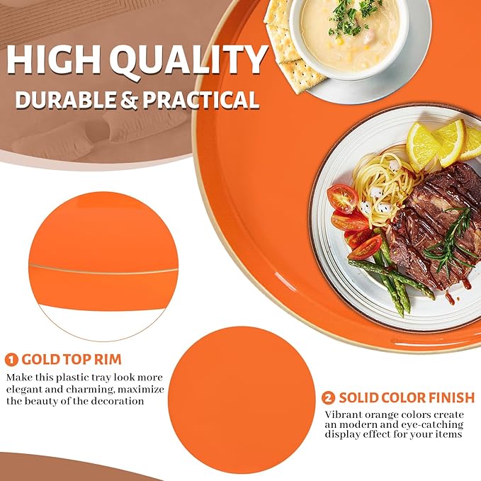MAONAME 13" Round Tray, Orange Serving Tray with Handles, Modern Decorative Trays for Coffee Table, Plastic Ottoman Trays for Ottoman, Bathroom, Halloween Decor