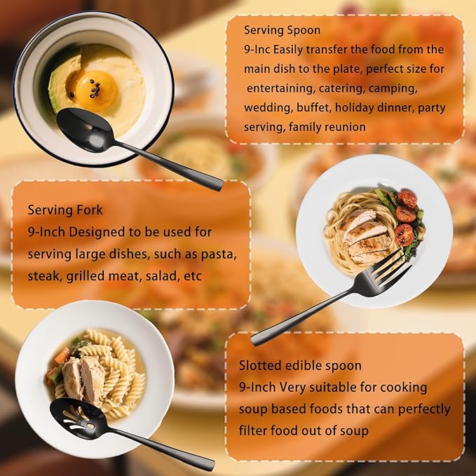 Large Hostess Serving Utensils Set, Stainless Steel Heavy Duty Serving spoons, Slotted Spoons, Serving Fork, Cake Server, Butter Knife, Dishwasher Safe (Black)