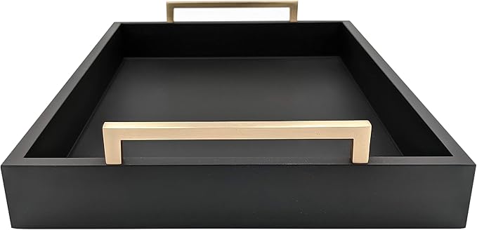 Decorative Coffee Table Tray - Ottoman Tray - Breakfast, Drinks, Liquor Serving Platter - from Farmhouse to Modern - Matte Finish - Champagne Gold Handles - Pitch Black Tray