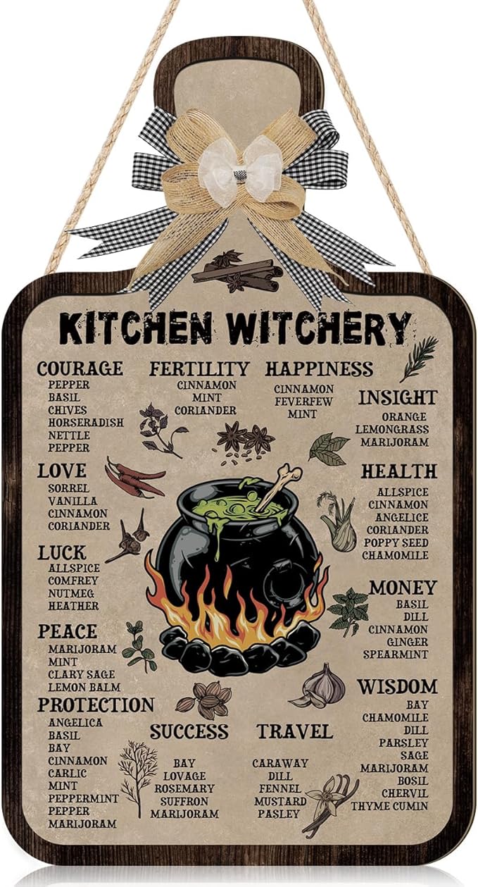 HPNIUB Witchcraft Knowledge Sign Decor,Halloween Witch Decor Kitchen Witches Herbalists Sign,Wizards Sign Meanings Plaque Vintage Wall Decor Home Party Supplies Vintage Color