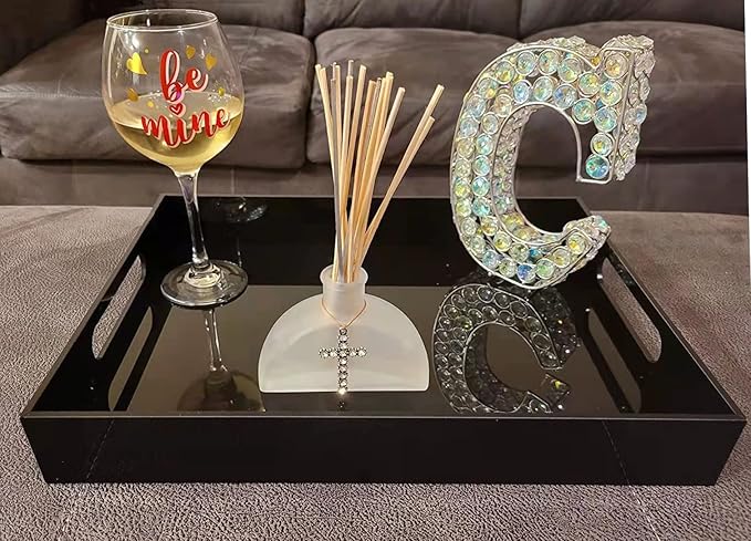 Acrylic Ottoman Tray with Handles - Remote Control Valet Tray, Black Nightstand Dresser or Bathroom Organizer - Spill Proof Square 12''x12'' (Black)