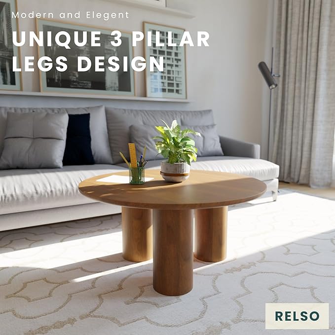 Relso Gaia Round Coffee Table, Natural Mango Wood Coffee Table with Wood Grain and Sturdy Finish | Perfect for Living Room and Farm House - Sturdy, Durable, Ideal for Patio Decor (Walnut, 18 inch)