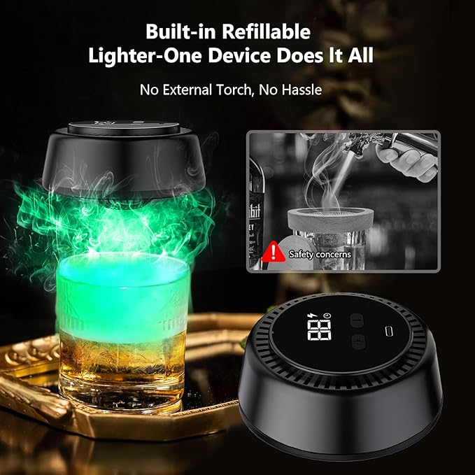 Electric Whiskey Smoker Kit with RGB Light, Built-in Lighter, Rechargeable Cocktail Smoker Kit with 6 Wood Chips, Old Fashioned Drink Smoker for Bourbon, Whiskey Gifts for Men (Black)