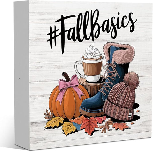Autumn Thanksgiving Happy Fall Pumpkin Bow Spice Coffee Office Bedroom Dining Room Decor Wooden Box Block Plaque Wood Products Sign for Desk Table Tabletop Decor 5 x 5 inches Tub1602