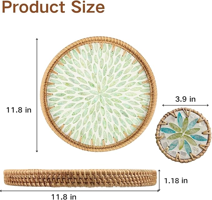 Round Rattan Serving Tray with Mother of Pearl Inlay & Coaster, Boho Wicker Basket, Decorative Coffee Table Tray for Table Decor, Storage and Display of Coffee Bread Fruit (Leaf)
